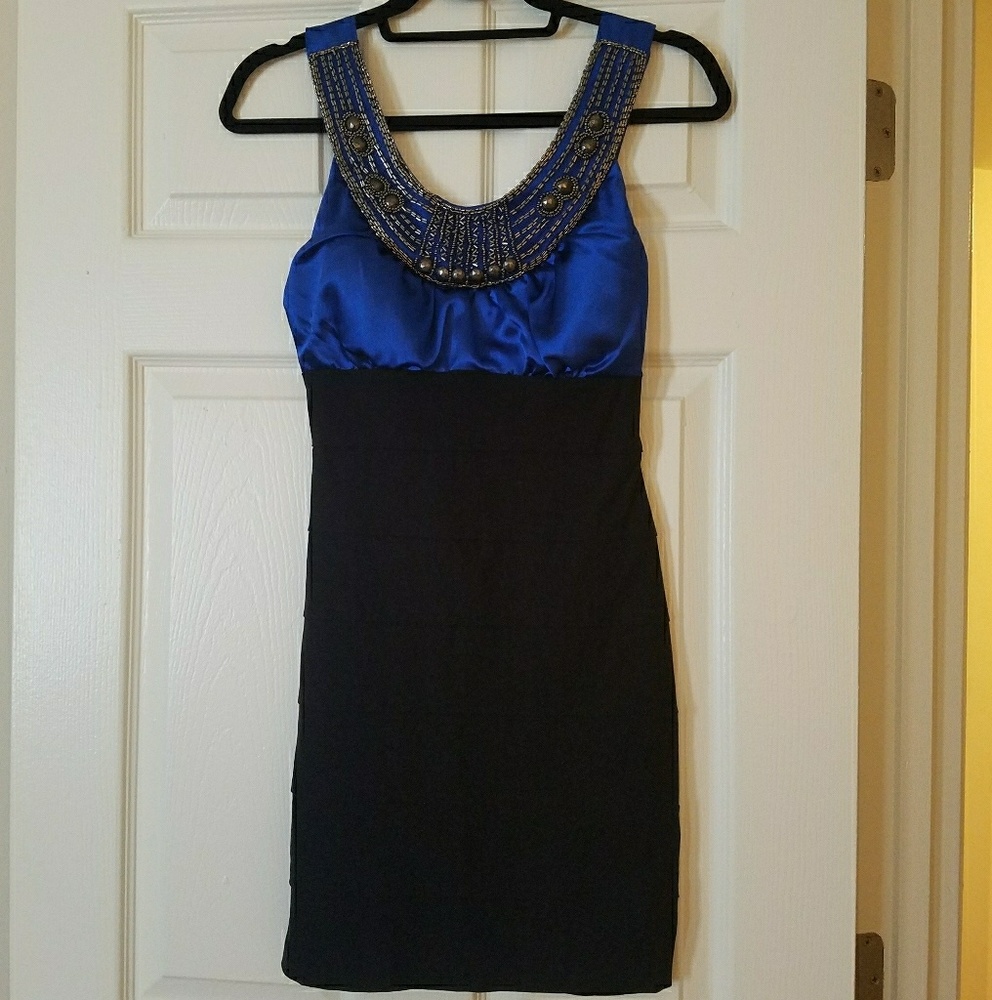 Trixxi Beaded Blue & Black Sheath Dress Size 3